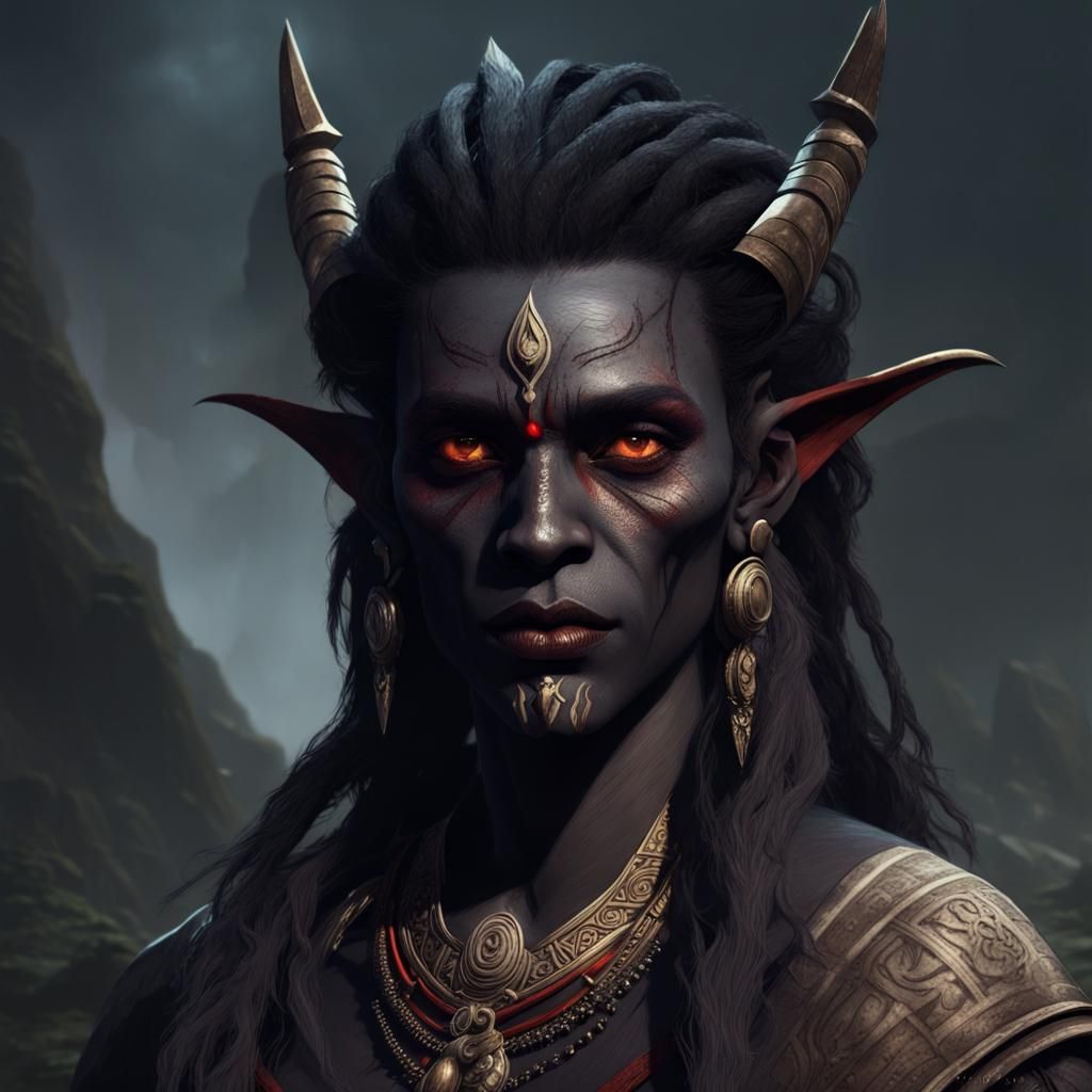 Dark Elf Portrait in Aztec and Vedic Style