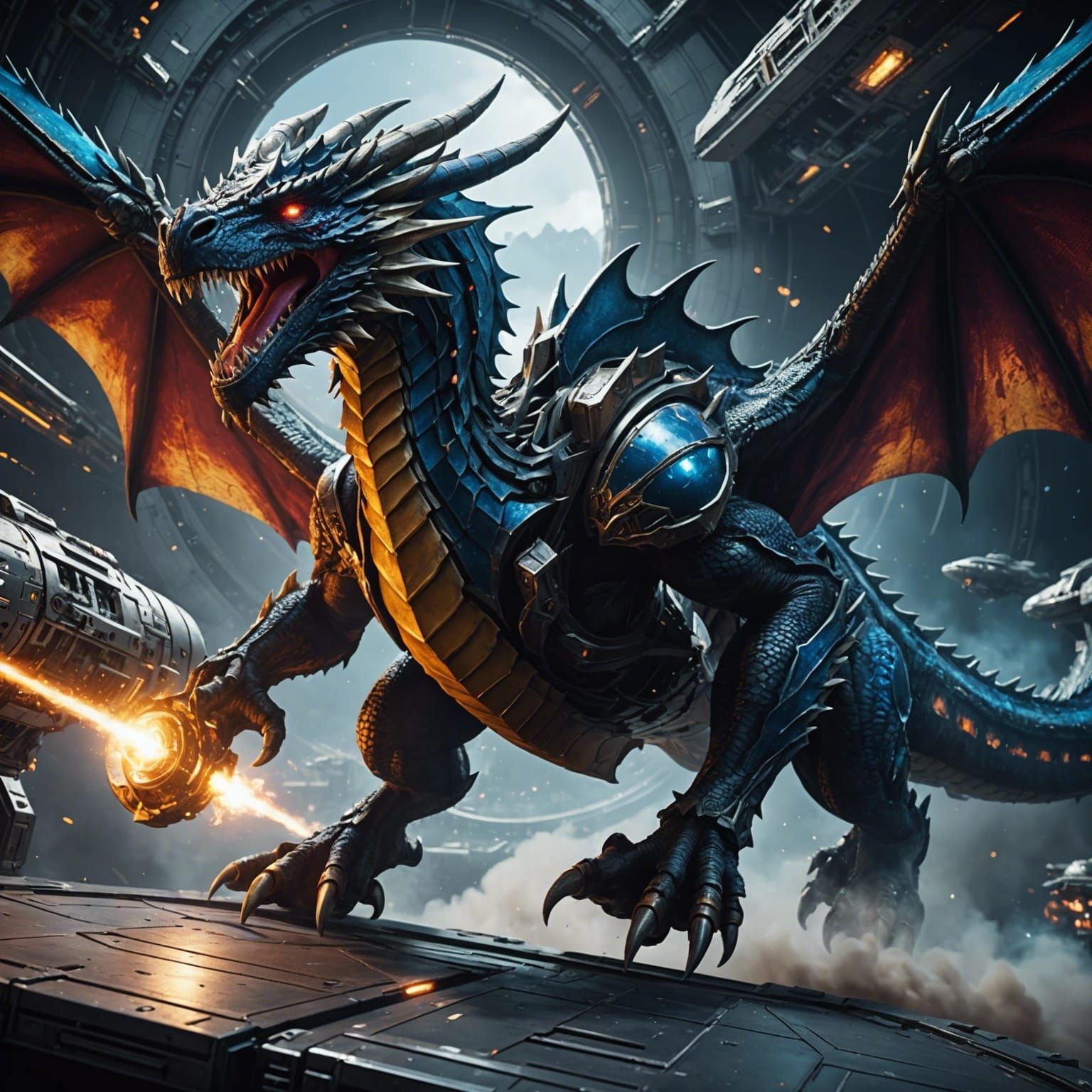 Space Dragon Grappling Spaceship: Detailed Matte Painting