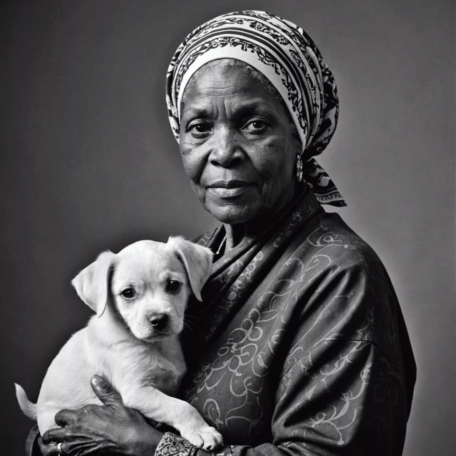 Elegant Black and White Portrait of Grandmother with Puppy