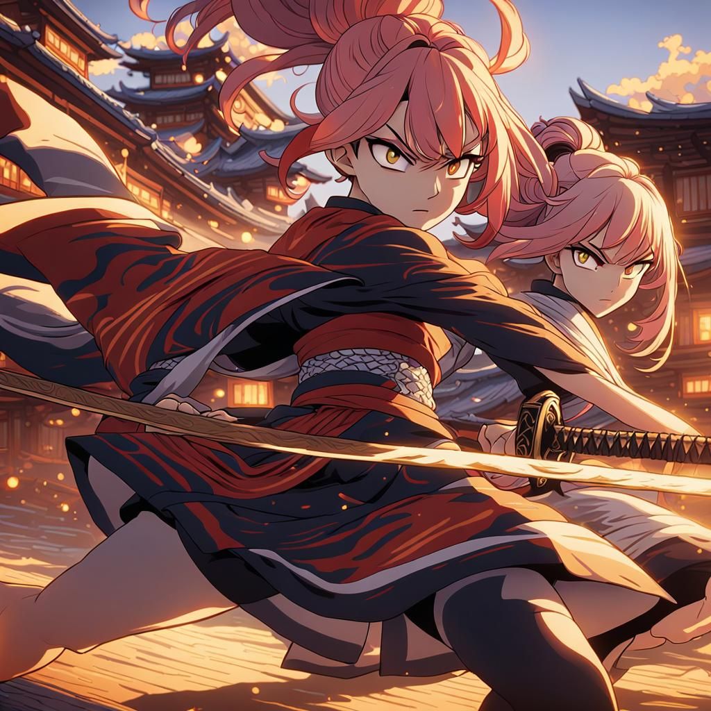 Anime Girls in Kimonos with Katanas