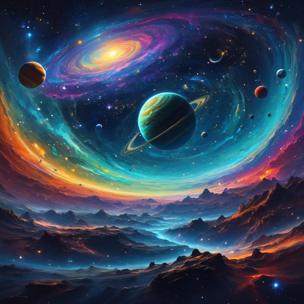 being in the middle of space surrounded by the stars and planets, highly detailed gas giants and swirls of vibrant color...