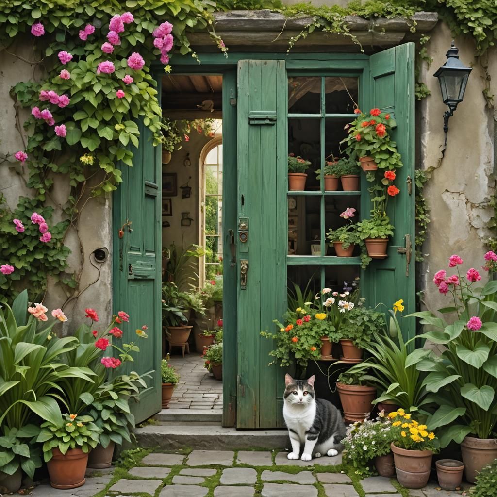 Green House in Lush Garden: Detailed Matte Painting