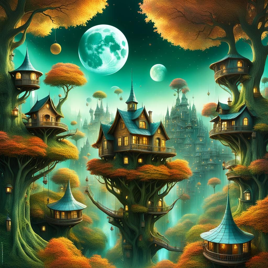 Autumn Treehouse City Watched by Fairy Godmother