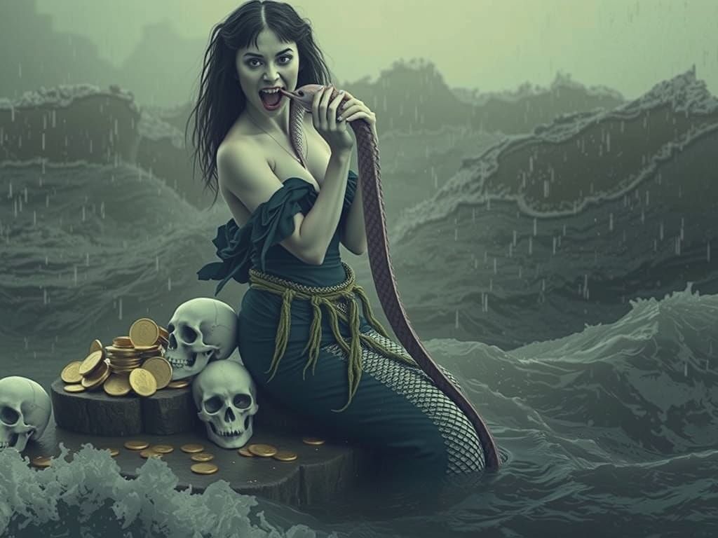 Sinister Mermaid with Obsidian Scales and Pink Eel