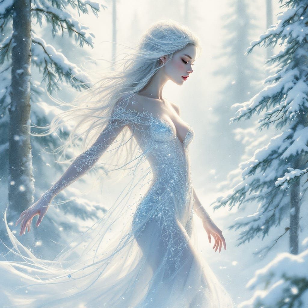 Winter Fairy in Icy Forest: Dreamy Watercolor Art