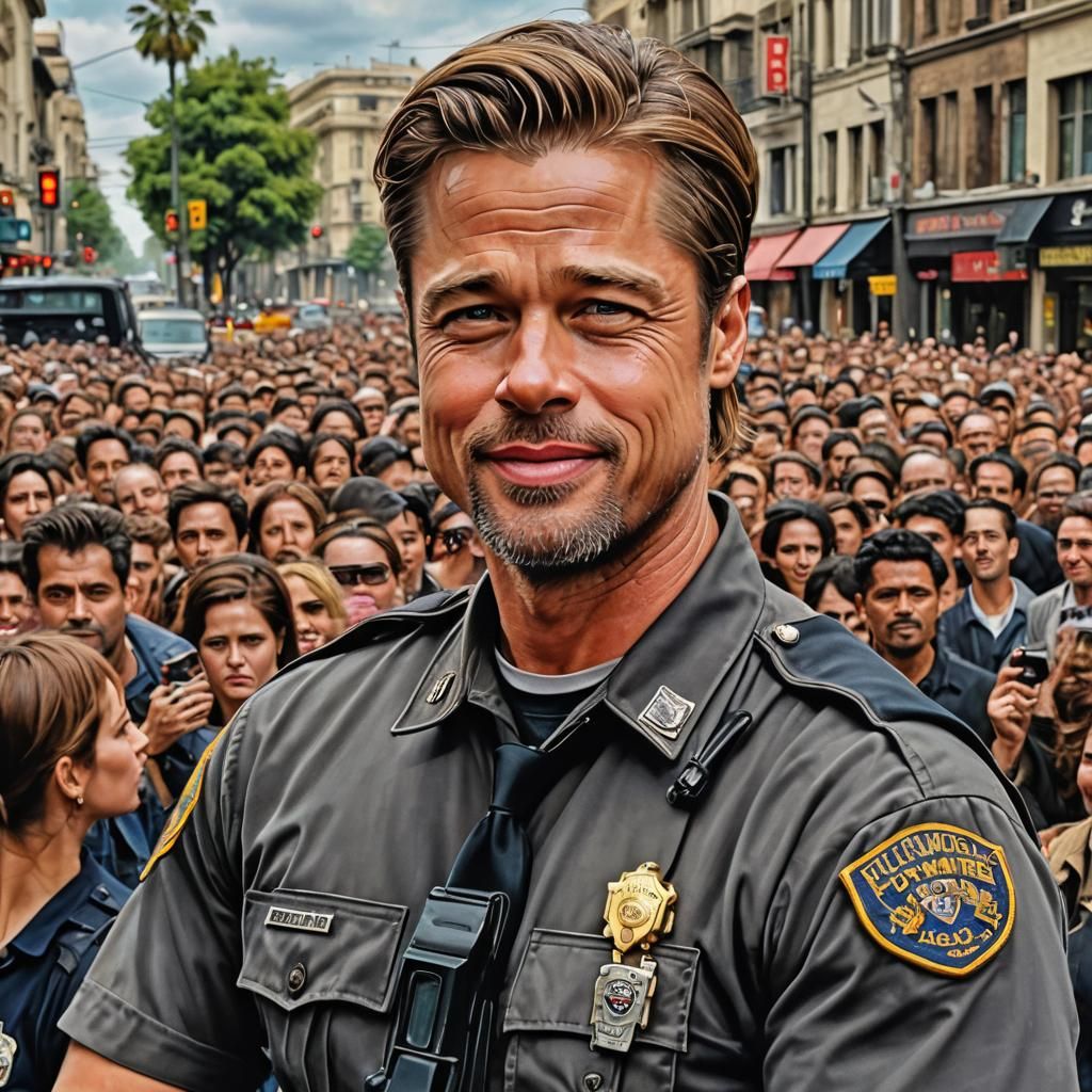 Hyperrealistic Brad Pitt Policeman Holding a Key