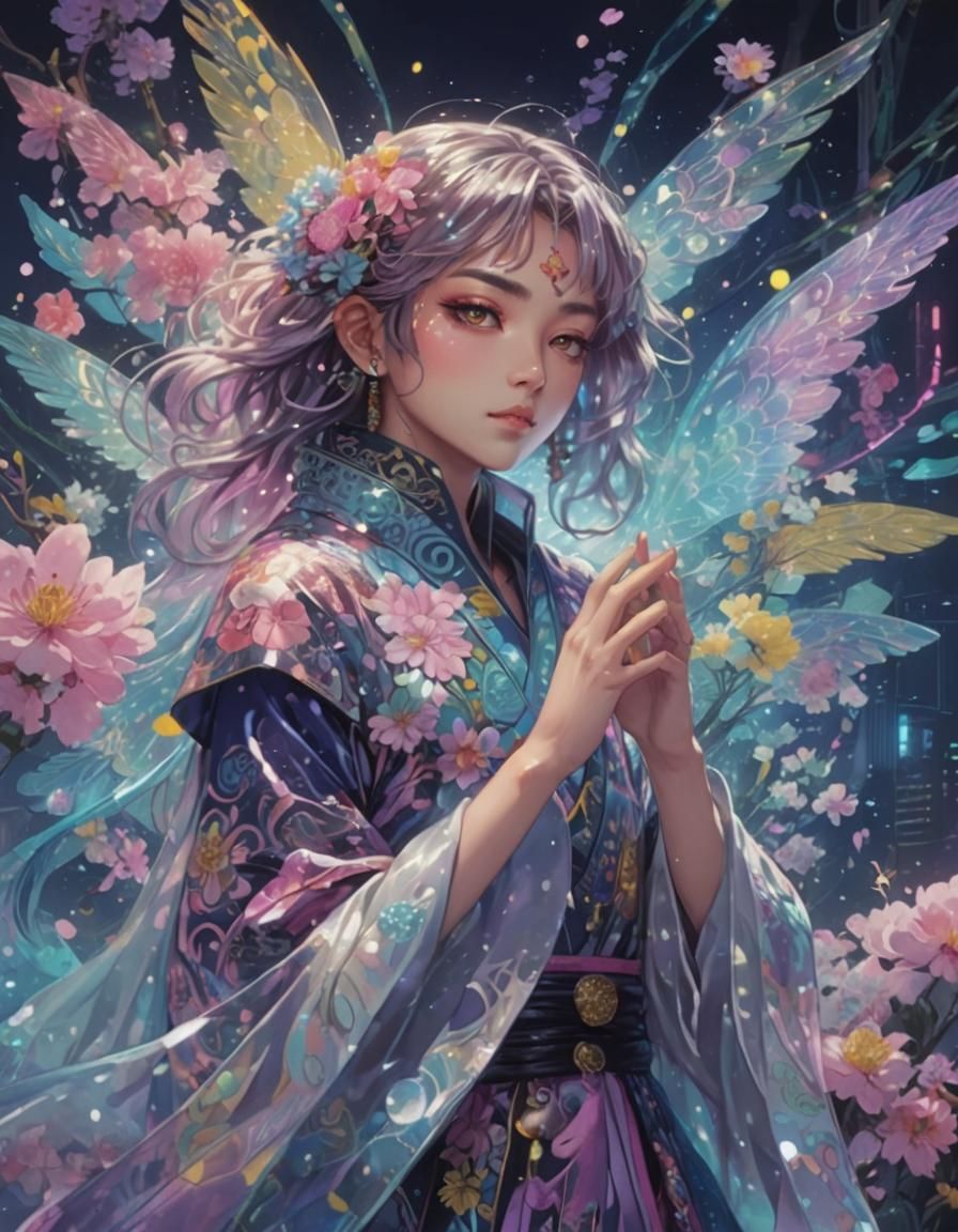 Mysterious Man in Neon Fantasy: Vibrant Anime Art