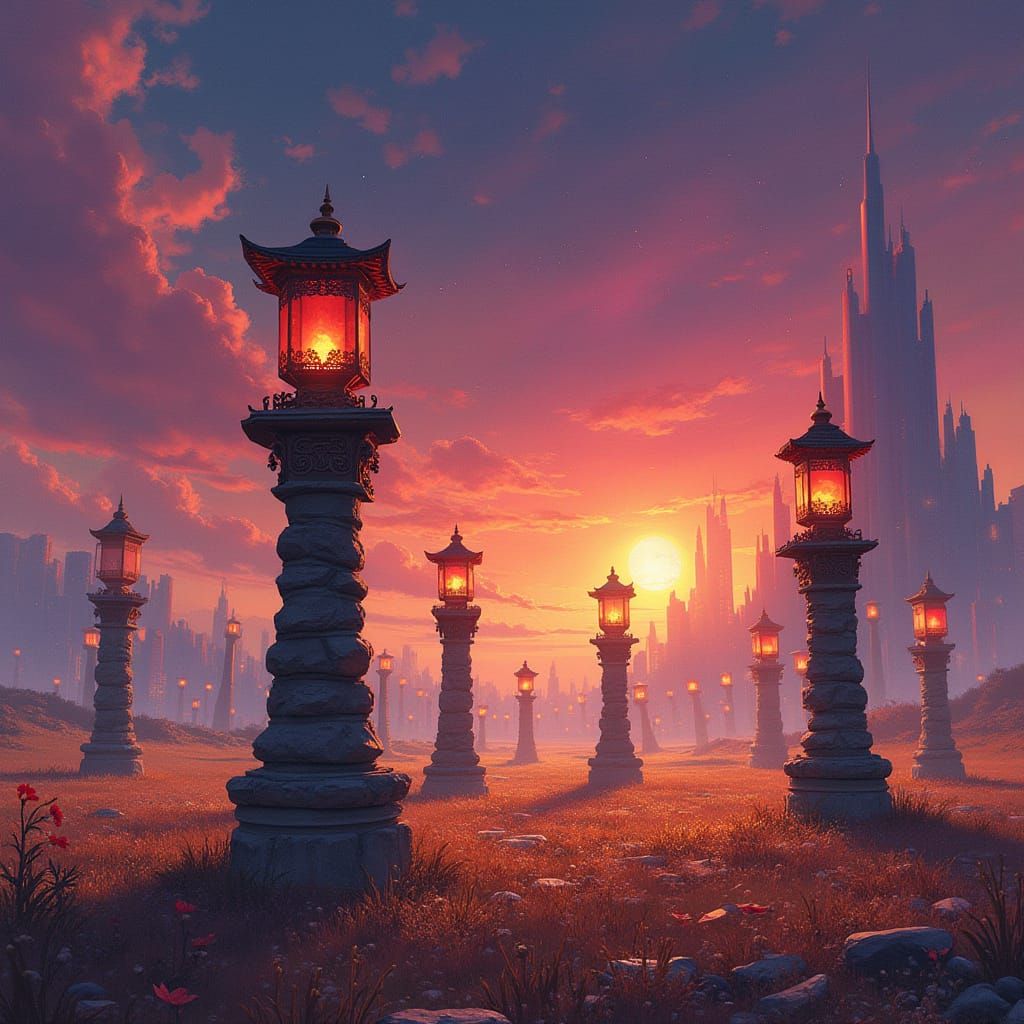 Stone Lantern Field in Digital Concept Art Style