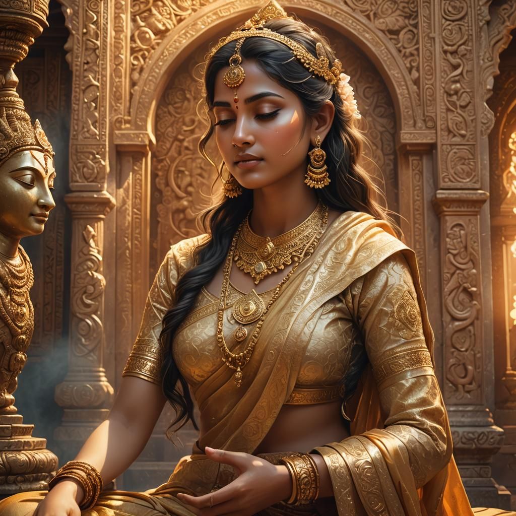 Hindu Goddess Meditating in Ancient Temple, Digital Art