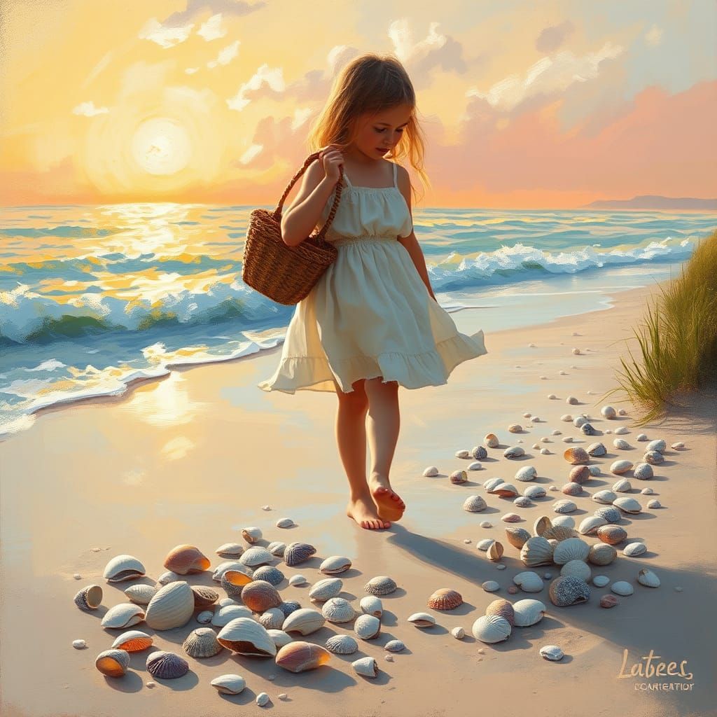 Girl Collecting Shells on Beach in Impressionist Style