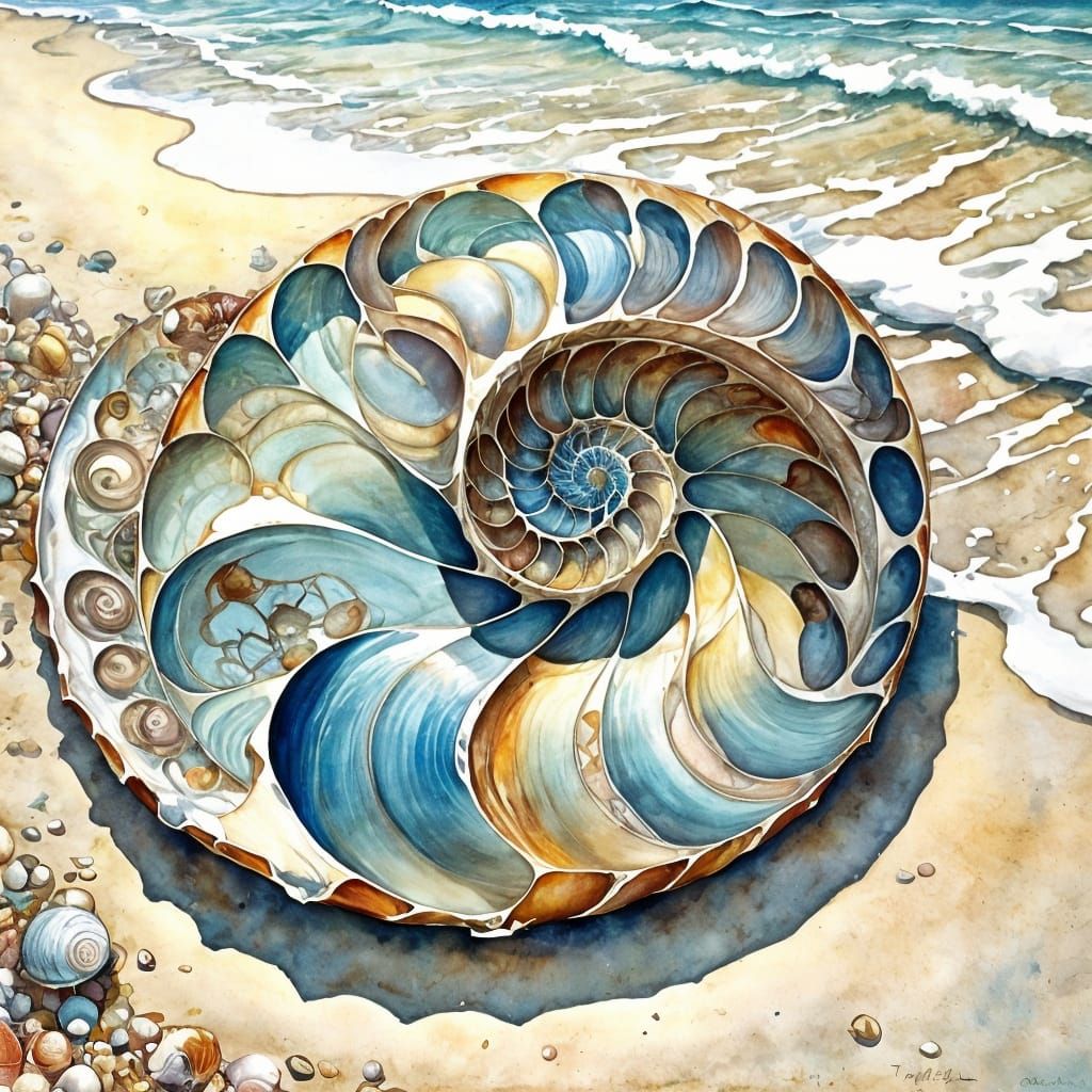 Nautilus Shell Beach Scene in Impressionist Style