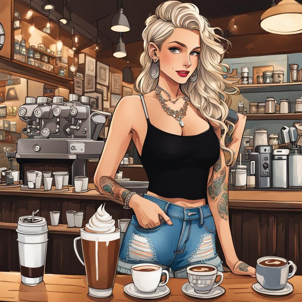 Watercolor Portrait of a Tattooed Barista Serving Coffee