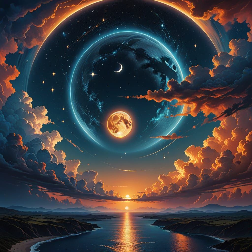 Cosmic Sun and Moon Split-Screen Digital Painting