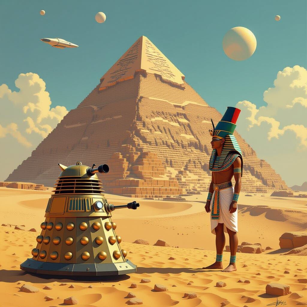 Pharaoh, Pyramid, and Dalek in Retro-Futuristic Scene