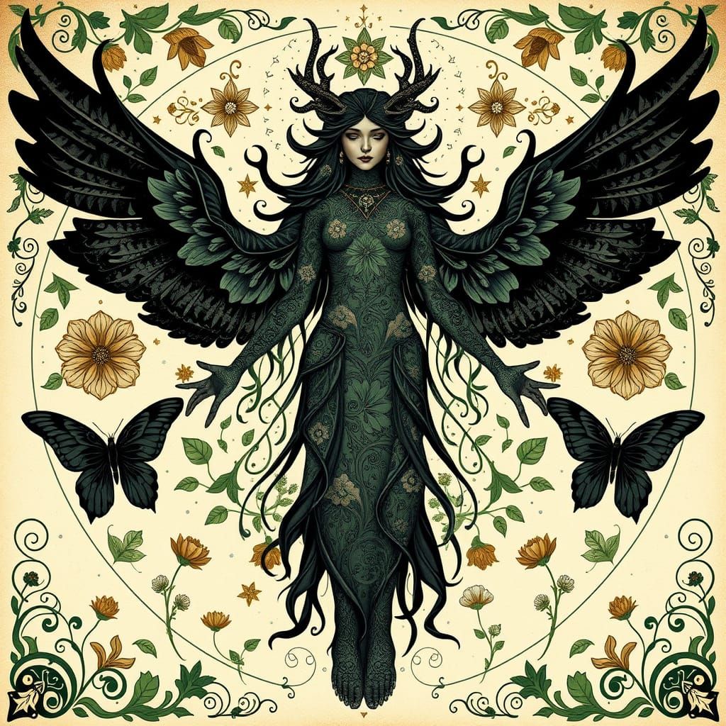 Triple-Formed Hecate Goddess in Mystical Botanical Scene