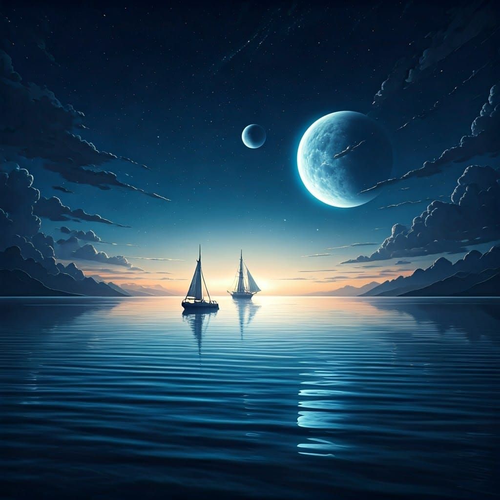 Double Moon Reflection in Starry Ocean Night