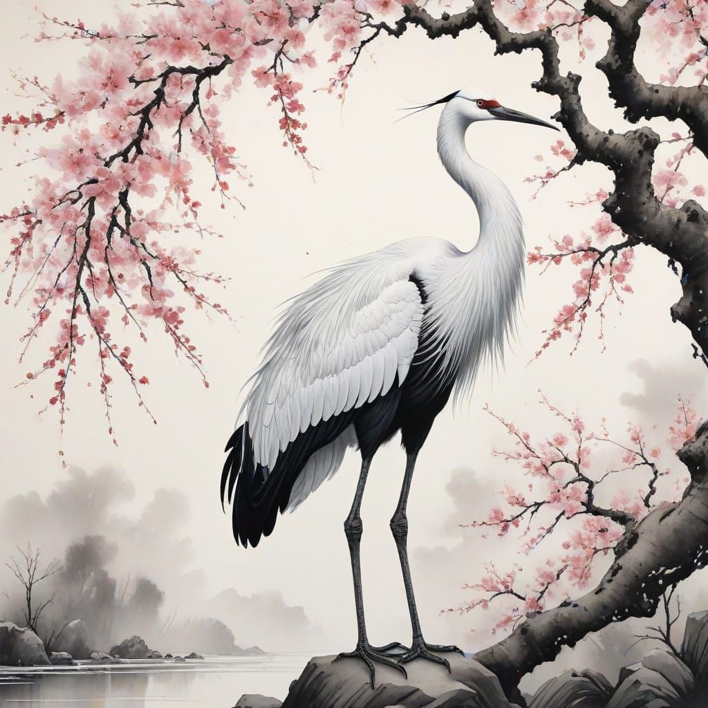 Elegant Regal Crane Under Japanese Blossom Tree in Meticulou...