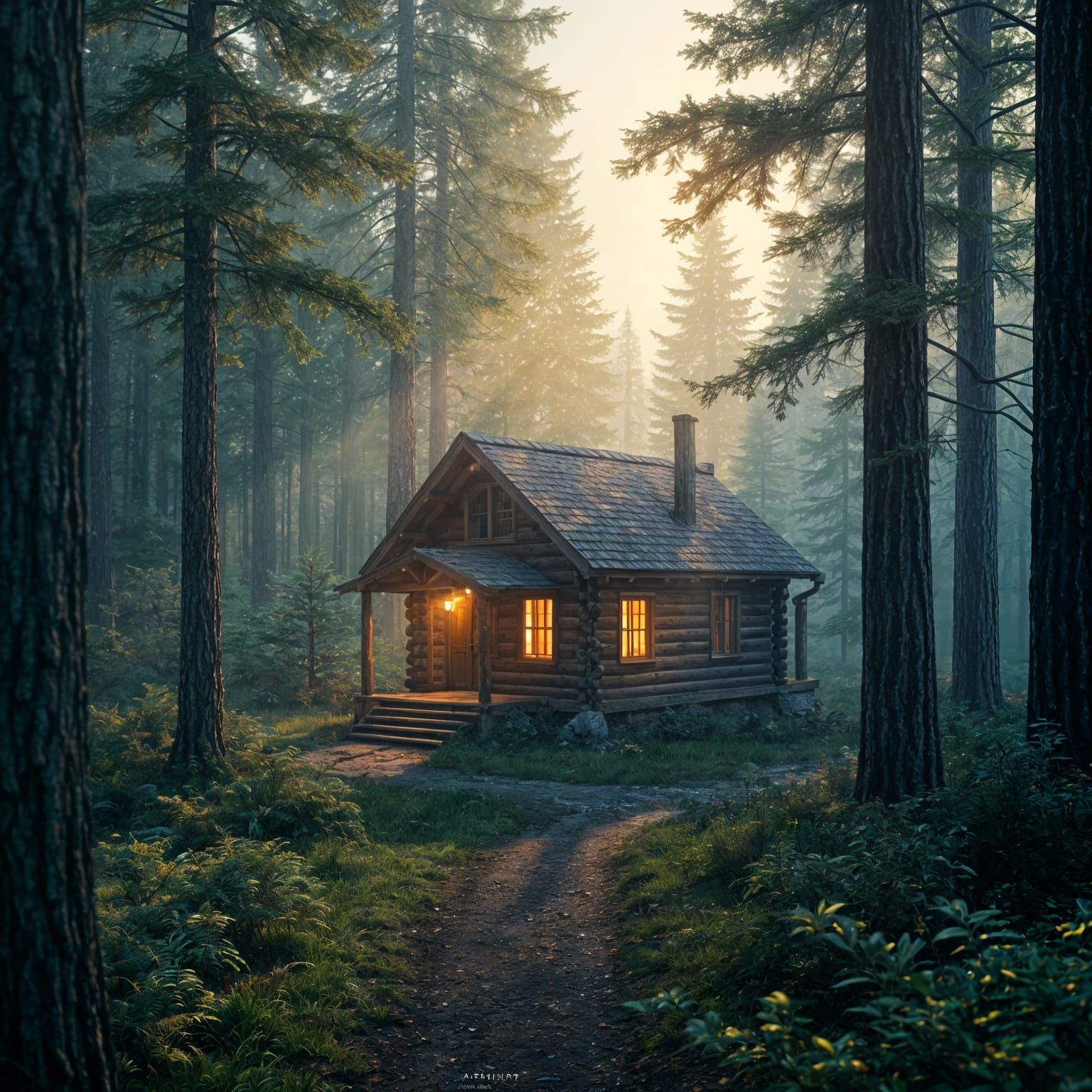 Inviting Log Cabin in Sleepy Forest: Detailed Matte Painting