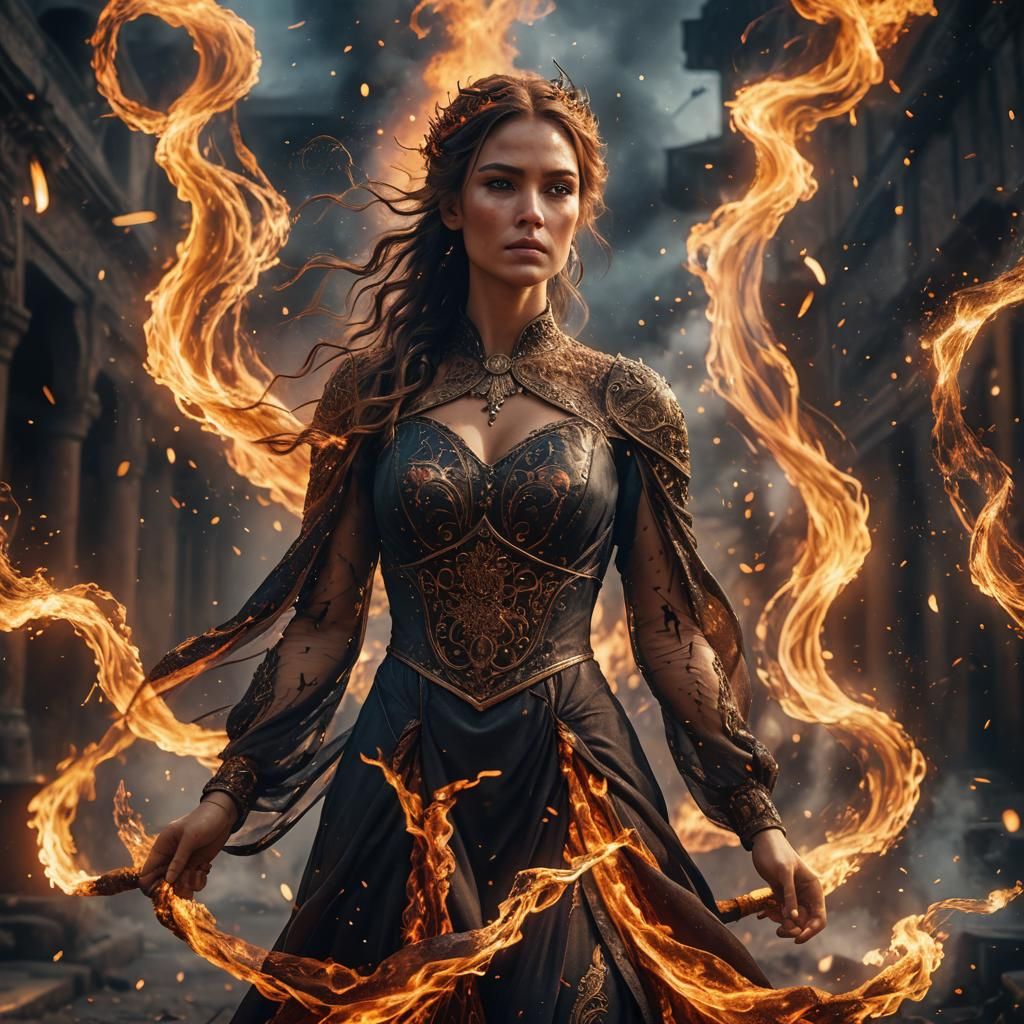 Fiery Woman in Flowing Dress: Fantasy Concept Art