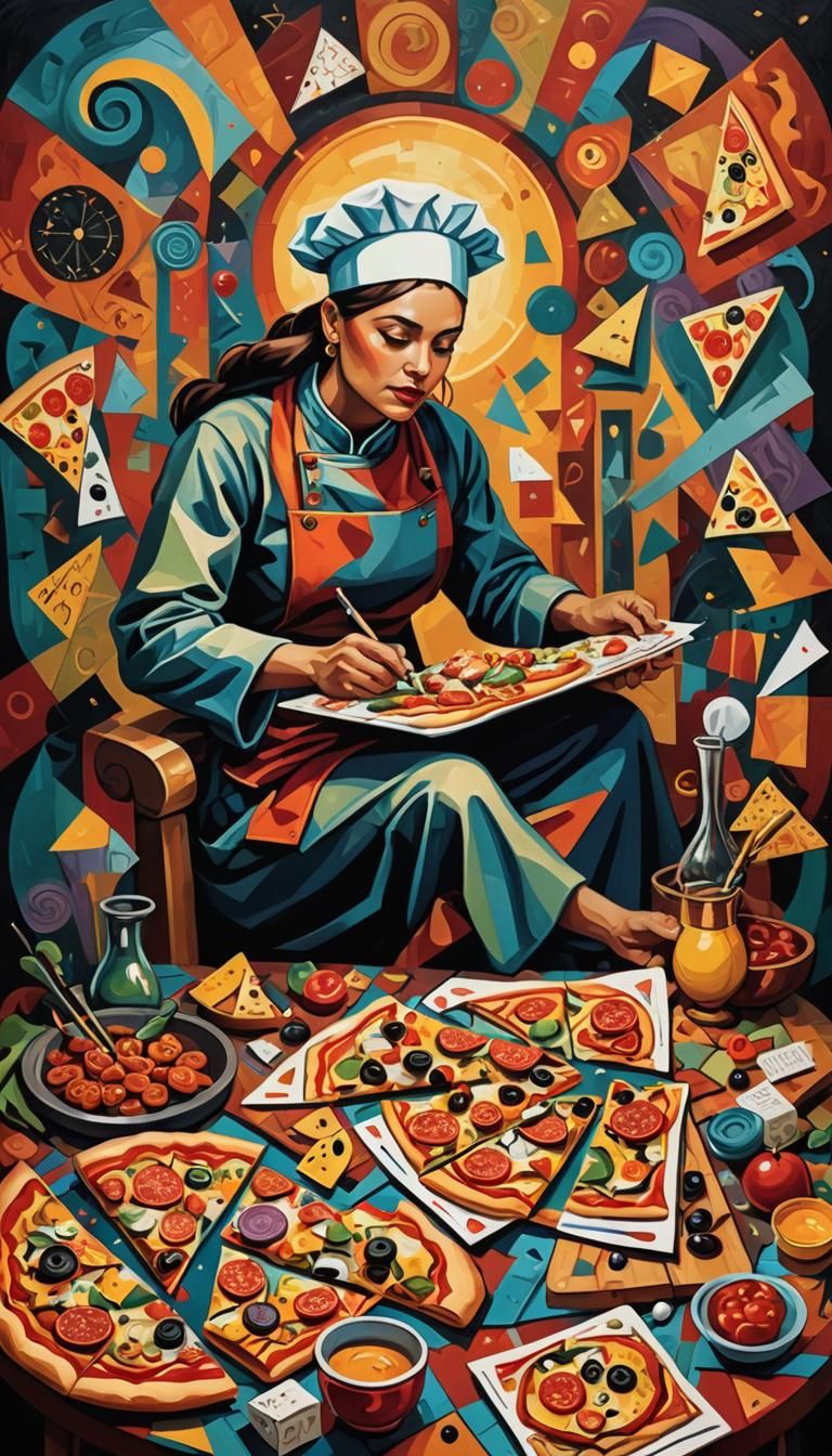 Mystical Chef in Surreal Cubist Pizza Tarot Card Design
