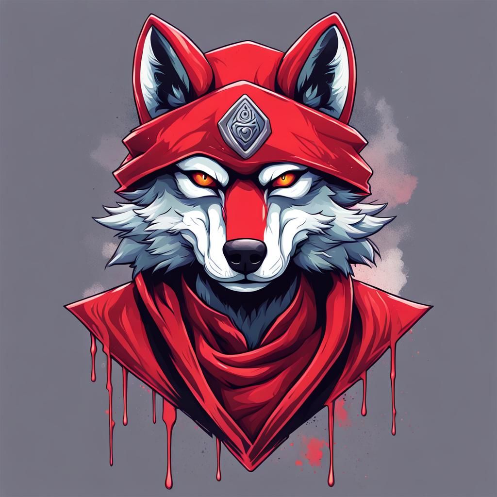 A detailed illustration face evil ninja wolf,magic, t-shirt design, red color , dark magic splash, dark, ghotic, t-shirt...