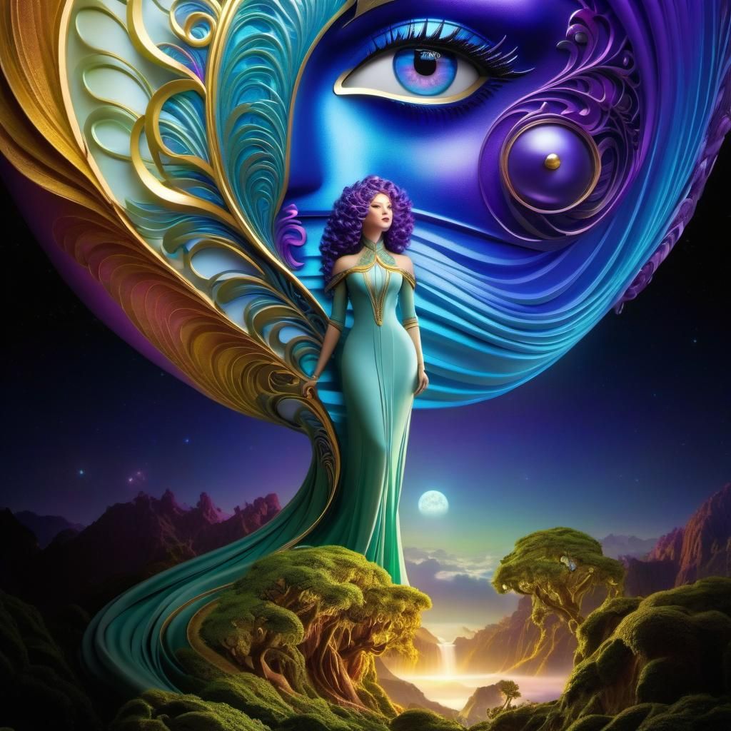 Symmetrical Being with Purple Hair in Solarpunk Style