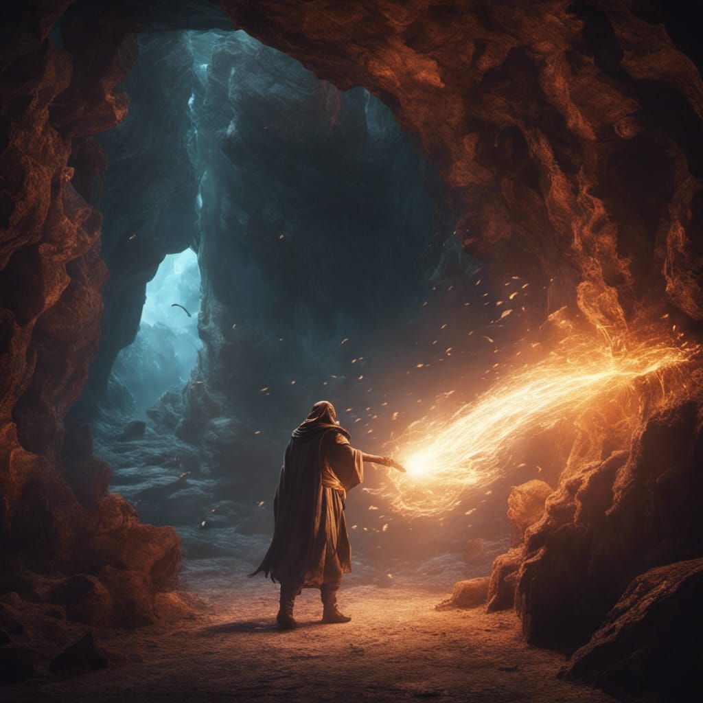 Sorcerer Unleashes Energy Beams in a Cave