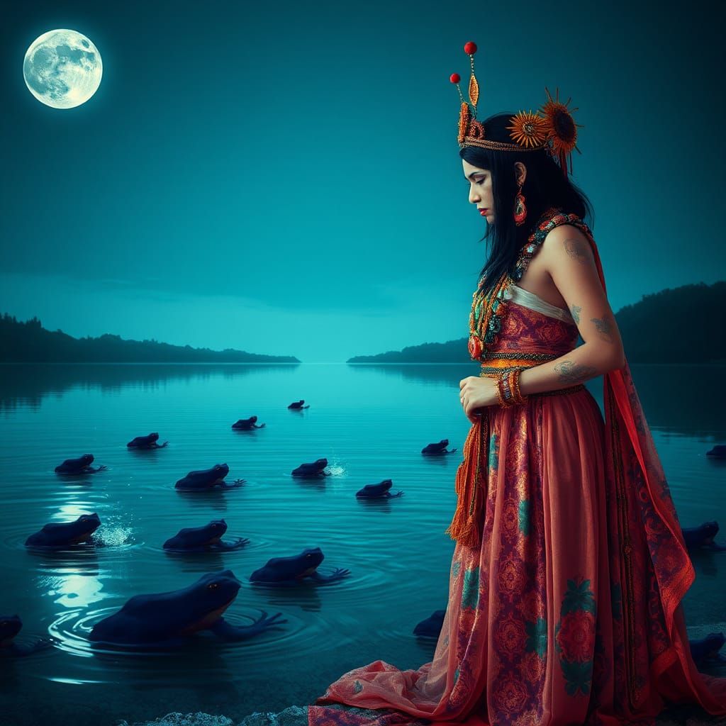 Mystic Woman and Moonlit Lake in Ritual Art Style