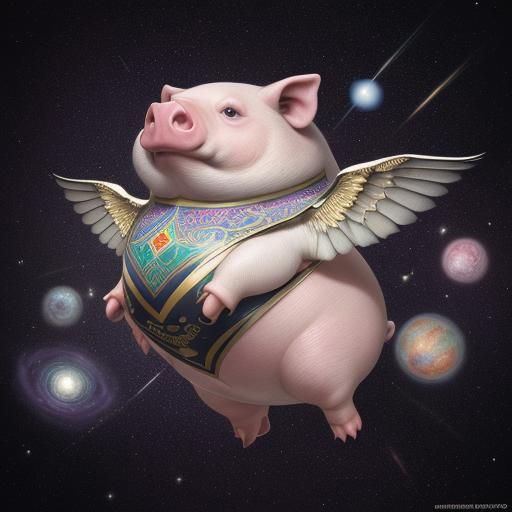 Cosmic Flying Pig: Ornate and Detailed Illustration