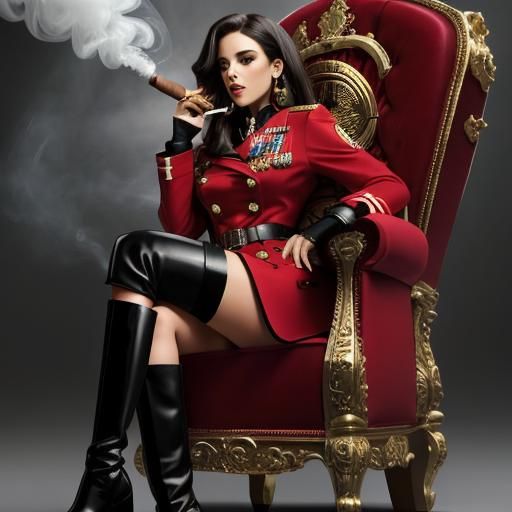 Woman on Throne Smoking Cigar in Military Coat