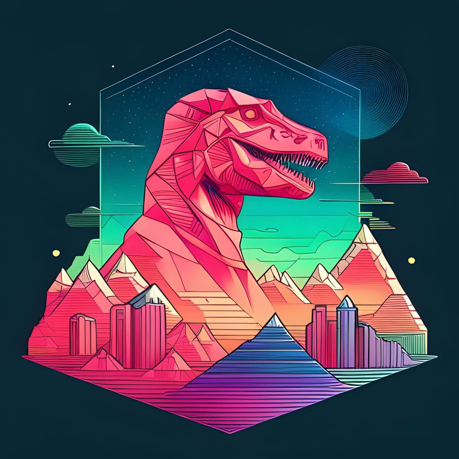 Cyberpunk Vaporwave Dinosaur Line Art on Black