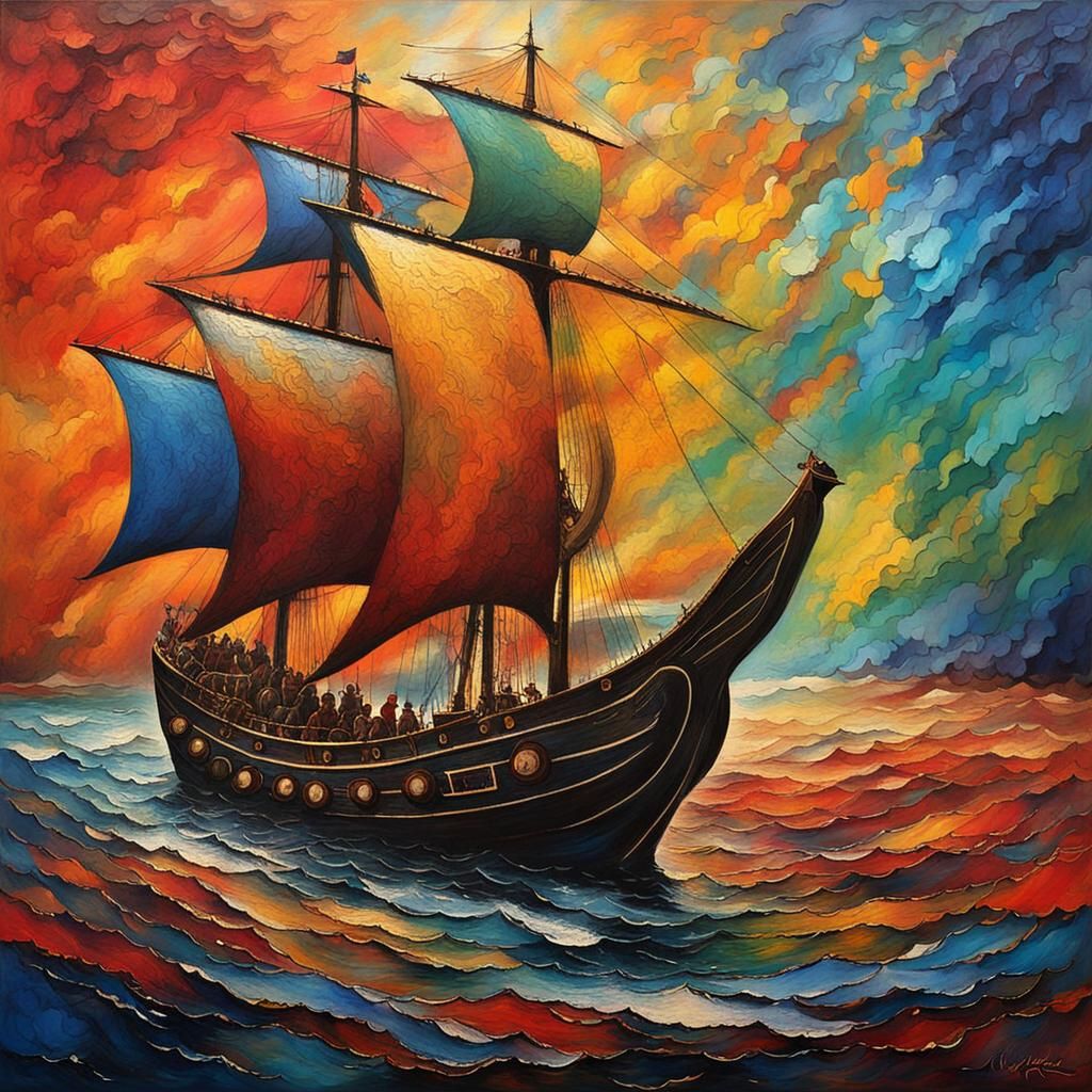 Viking Ships Sailing on a Rainbow in Abstract Art