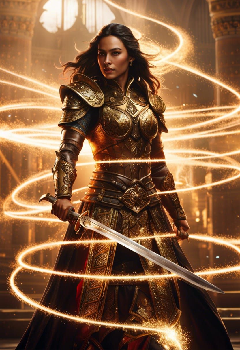 Armored Asian Woman with Magic Sparks in Ancient Temple