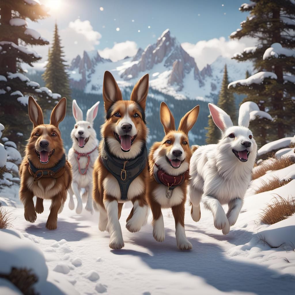 Dogs Playfully Walking on Snowy Mountain Trail