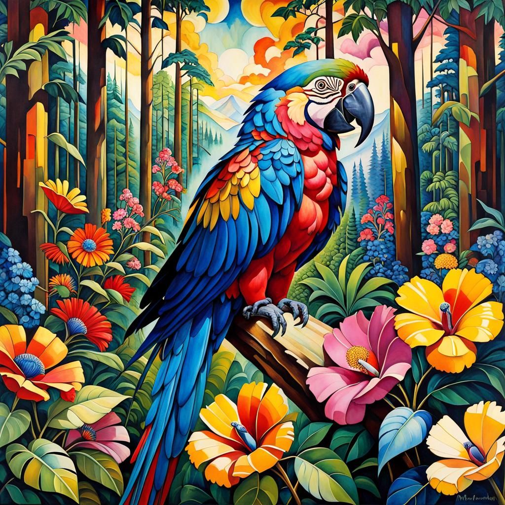 Cubist Macaw in Floral Forest, Alcohol Ink Flow
