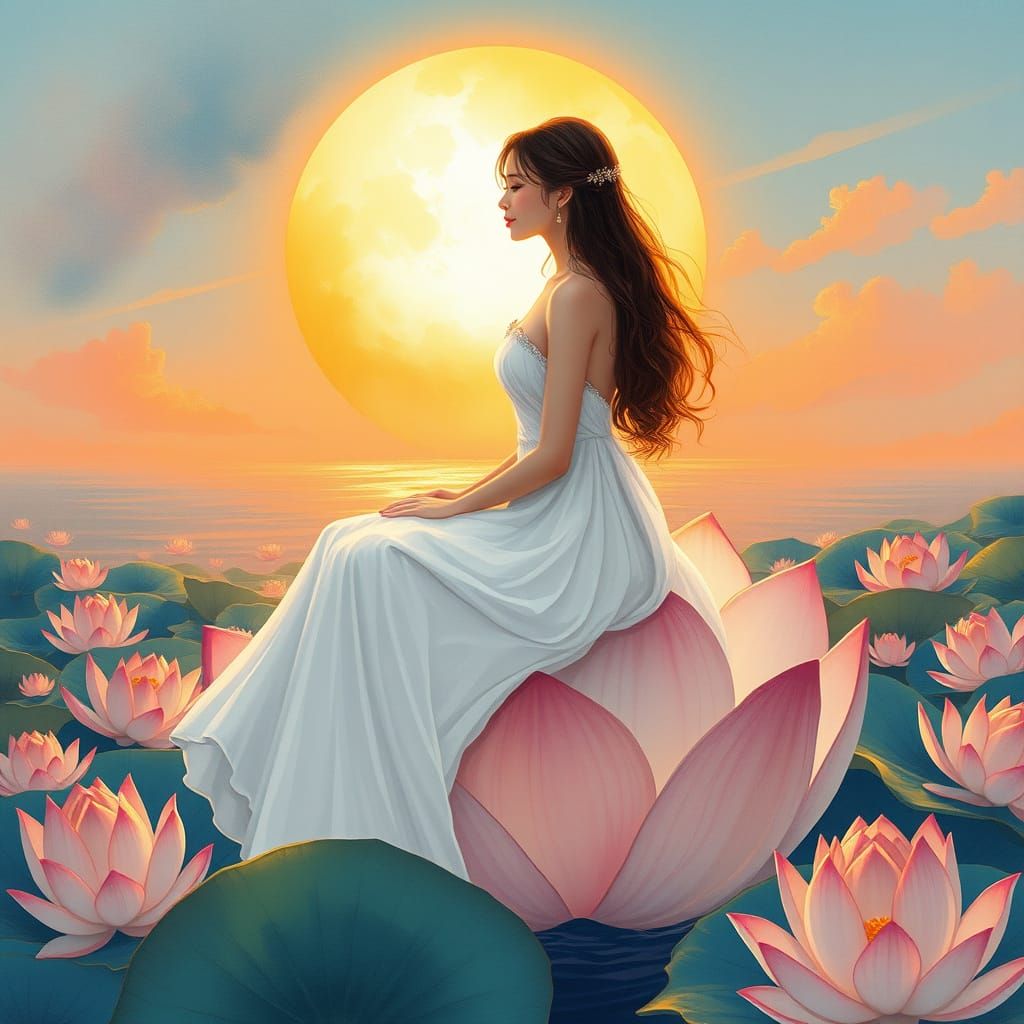 Princess on Lotus Flower at Sunset, Watercolor Style