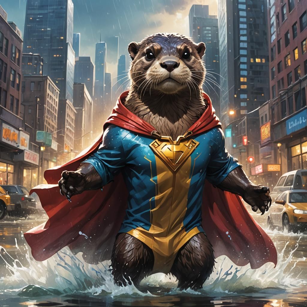 Heroic Otter in Flooded City, Comic Book Art