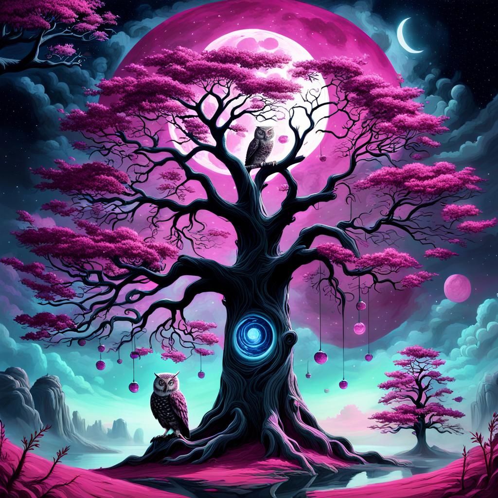 Magenta Moon Goddess on Floating Island: Fantasy Art