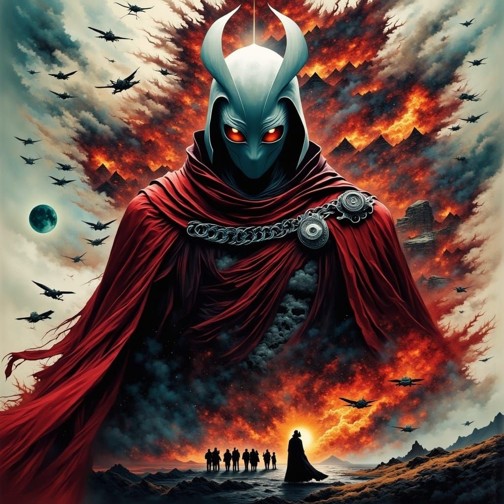 Surreal Sith Lord in Crimson Armor Dominates Industrial Land...