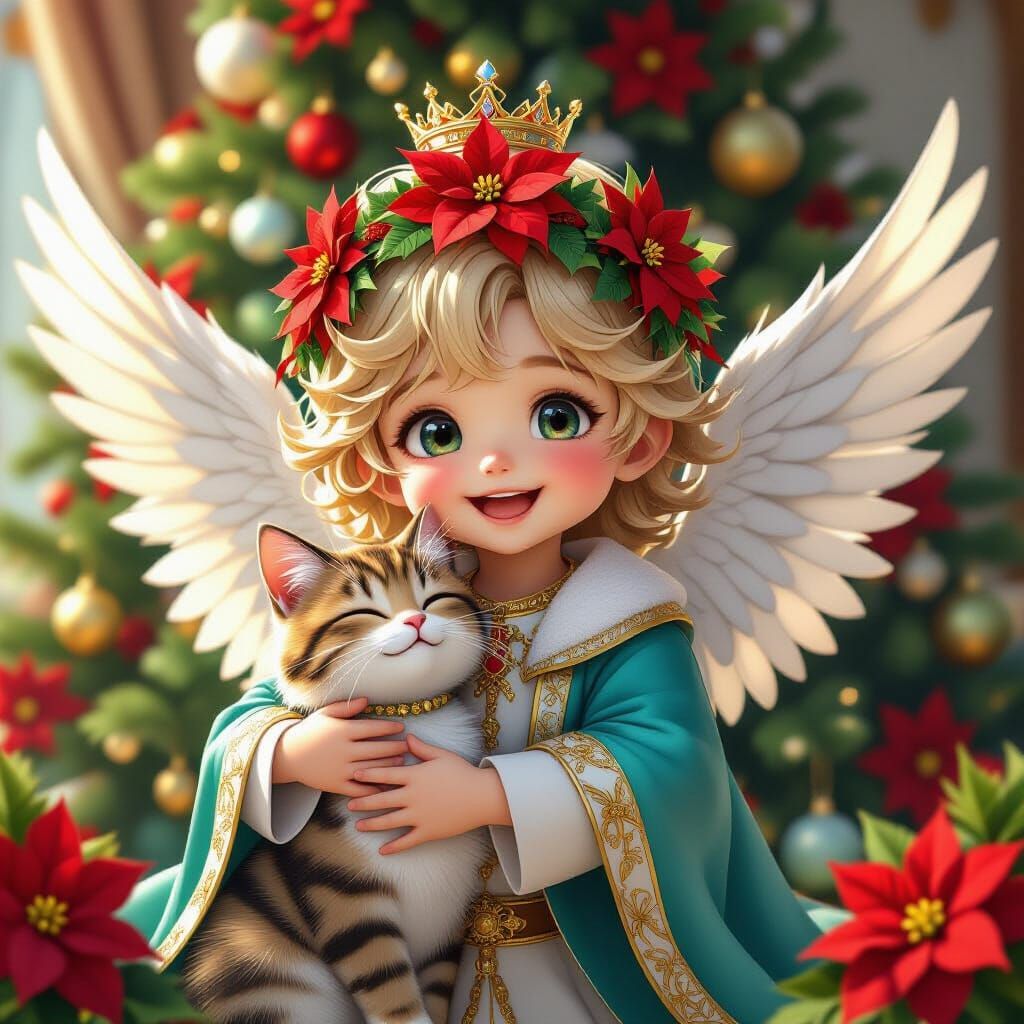 Baby Angel Hugs Tabby Cat in Christmas Scene