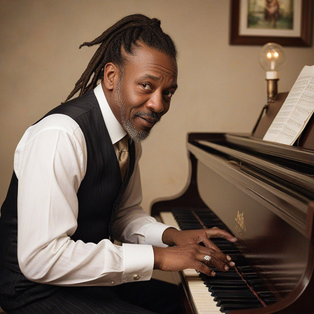 Elegant Black Musician Plays Piano in Warm Studio Lighting