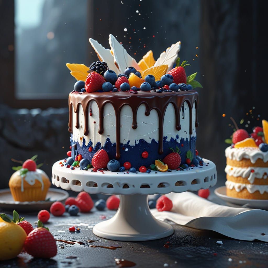 Surreal White Cake in Vibrant Fantasy Landscapes