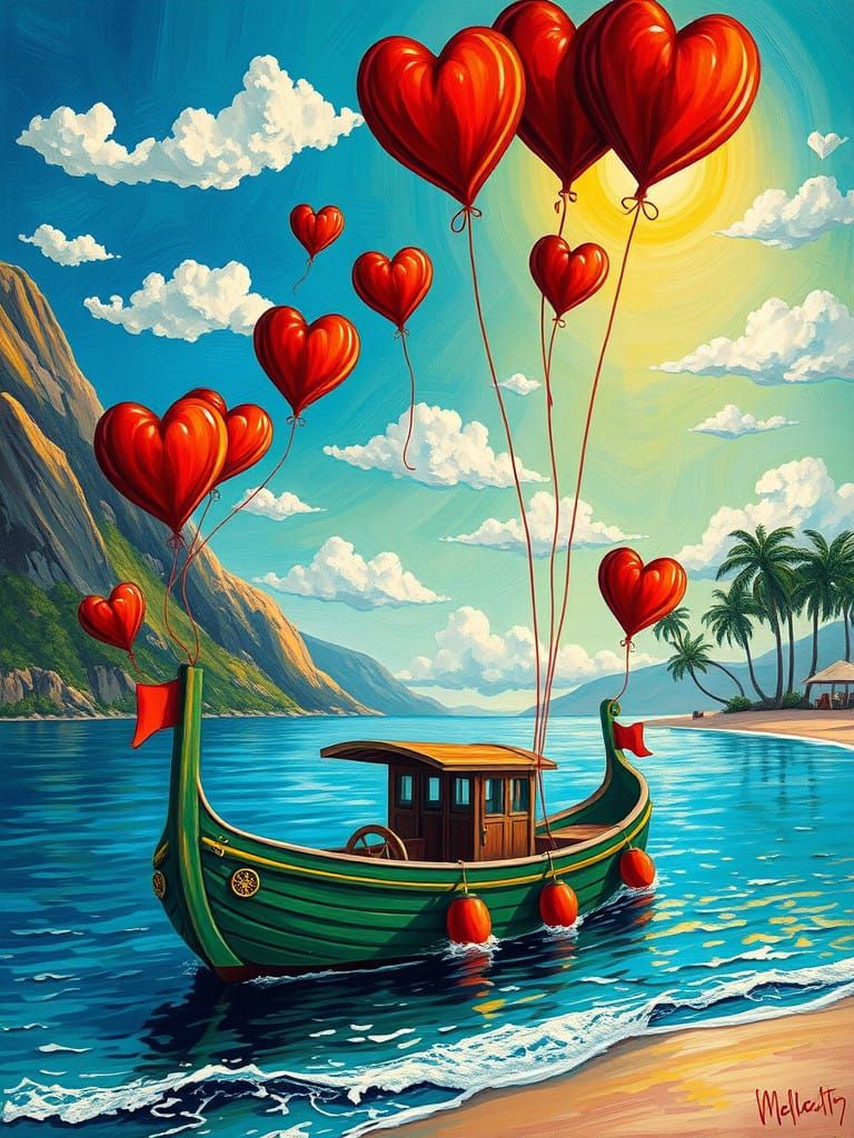 Vintage-Style Boat Under Whimsical Skies