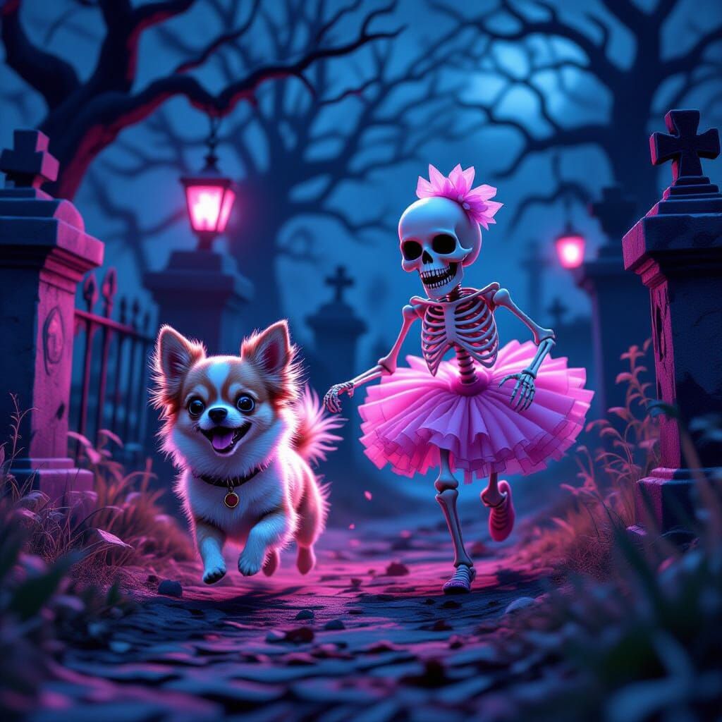 Scared Chihuahua Flees Skeleton in Tutu Through Spooky Grave...