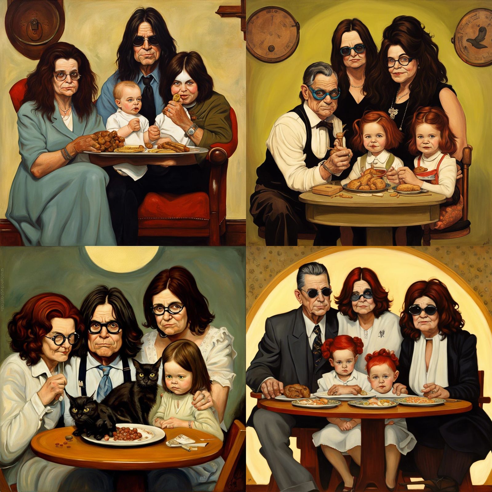 A Norman Rockwell style illustration of a nuclear family type portrait featuring the Osbournes with Ozzy Osbourne eating...