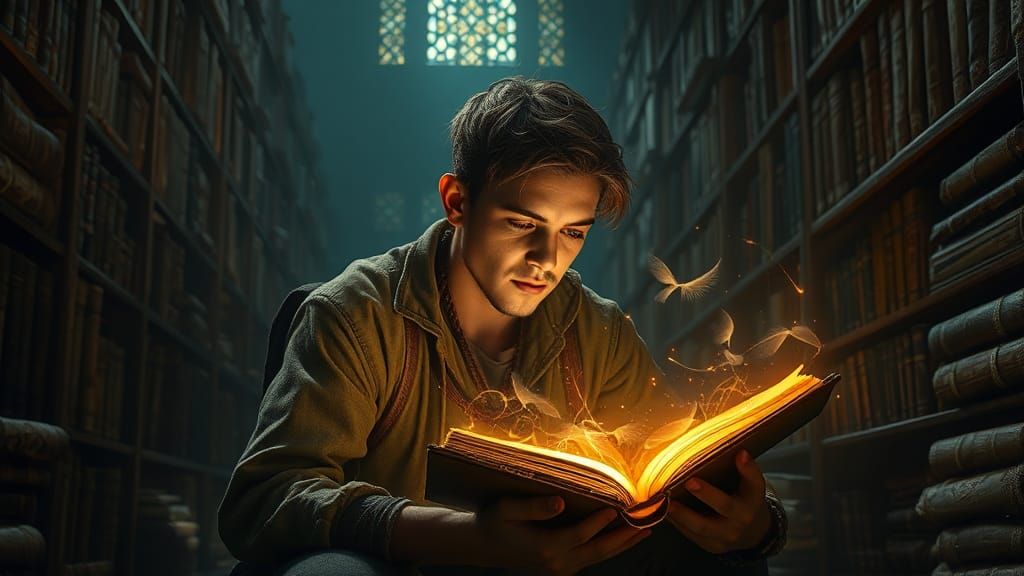 Golden Light Illuminates Reader in Mystical Library