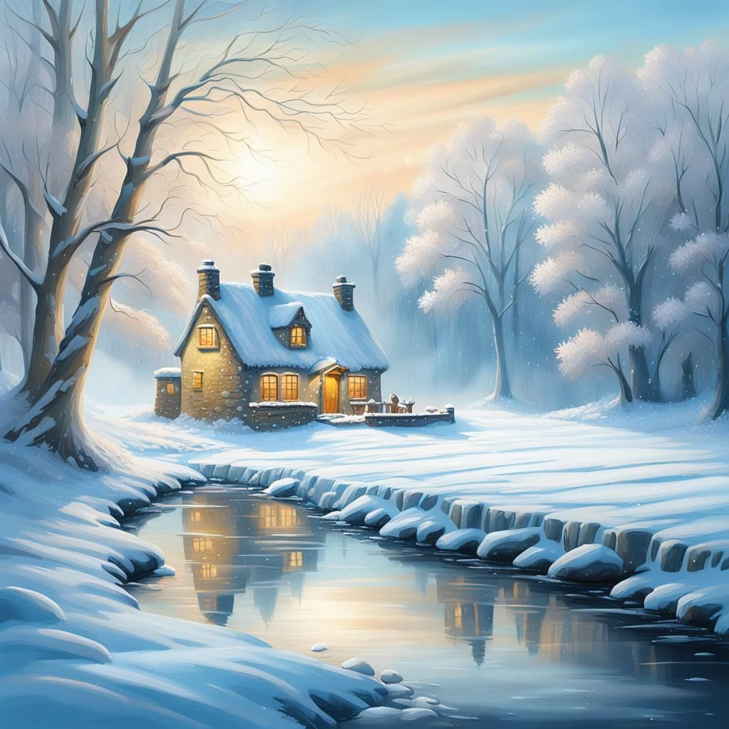Snowy Cottage by Frozen River in Oil Painting Style