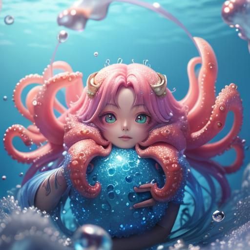 Sparkly Spider Octopus in Rainbow Ocean, 3D Anime Art