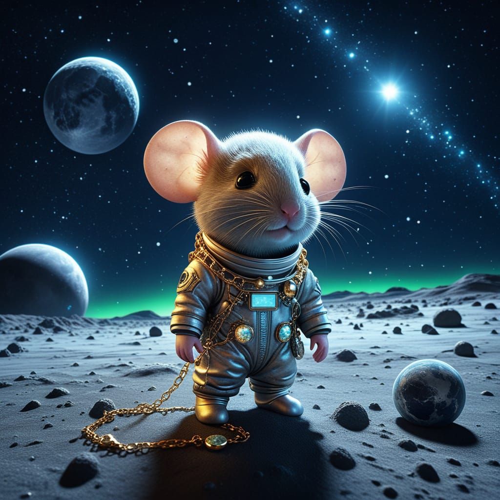 Hyperrealistic Chibi Mouse Adorns the Moon in Glowing Jewels
