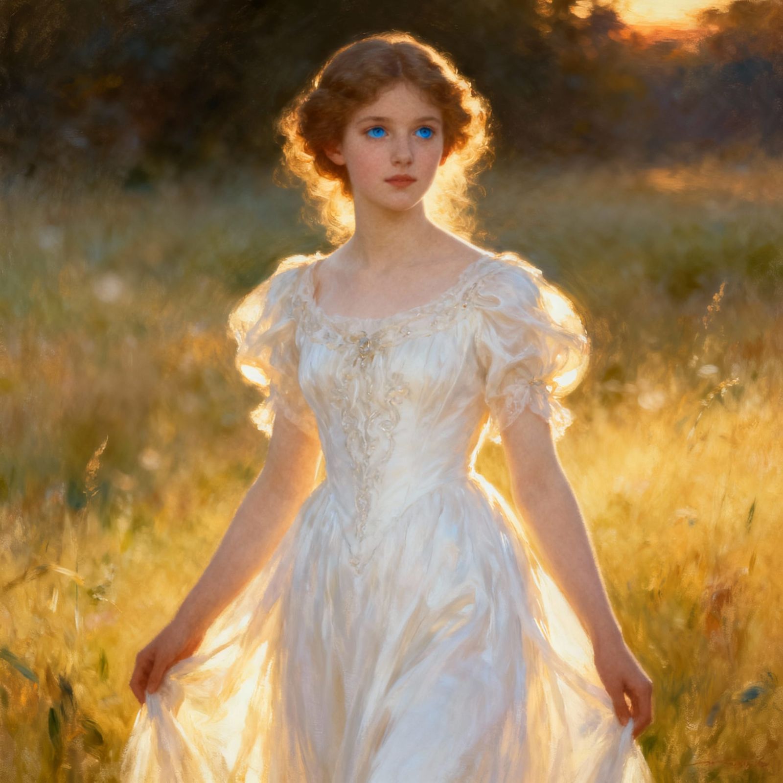 Golden Hour Portrait of a Woman in White Dress